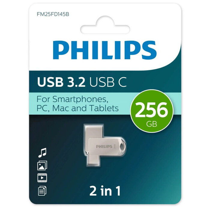 USB Flash накопитель Philips 2-in-1 (FM25FD145B/97) 256 ГБ, серебряный №1