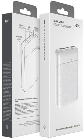Внешний аккумулятор PERO PB01 (PB01WH), 5000 мАч, Белый детальное изображение - 5