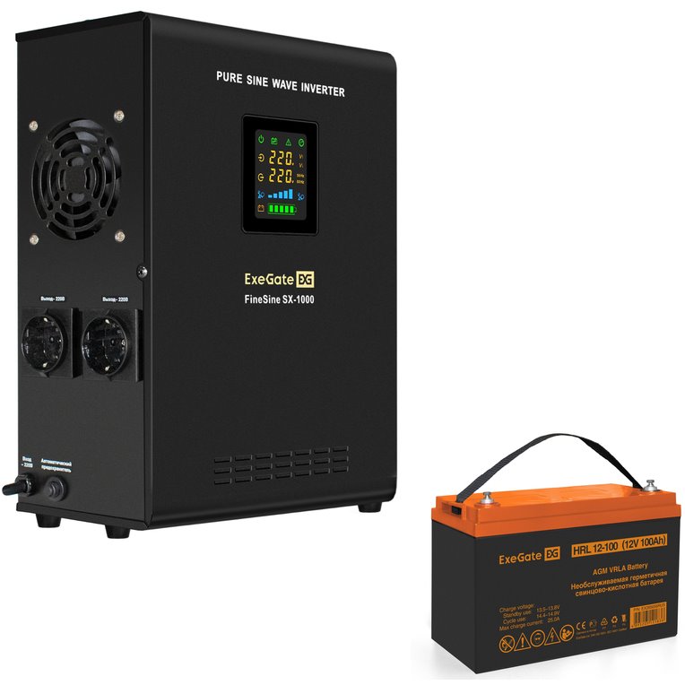 ИБП ExeGate FineSine SX-1000.LCD.AVR.2SH + HRL 12-100 (100Ач) + батарея детальное изображение - 1