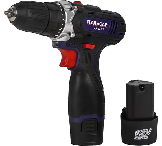 Дрель аккумуляторная безударная ПУЛЬСАР ДА 12-23 (Li-on, 2 акк, 1,3 кг,коробка) 923-088, 12 В, 23 Нм, 1,5 А·ч детальное изображение - 1