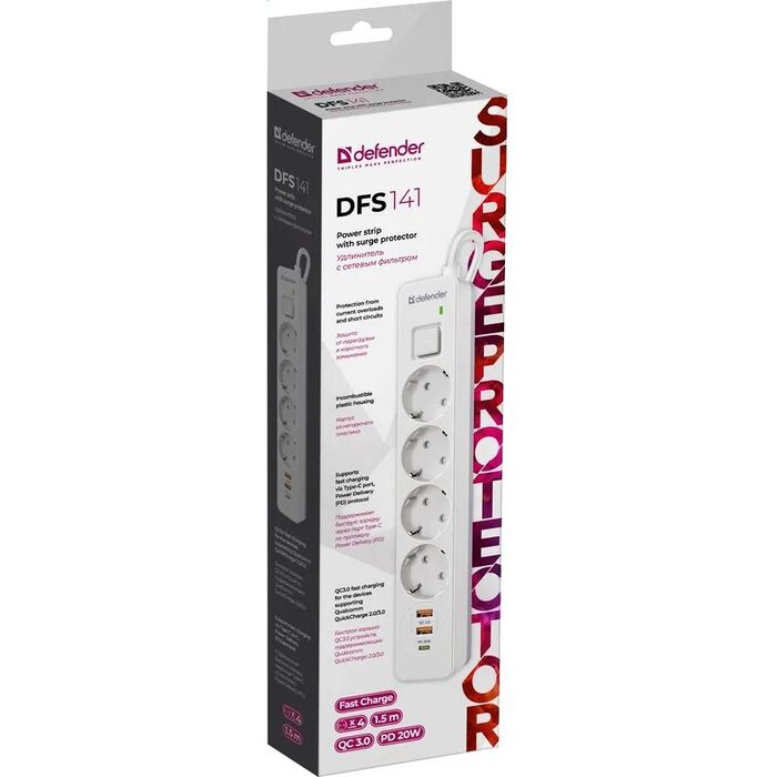 Сетевой фильтр Defender DFS-143, 3 м, Белый №5