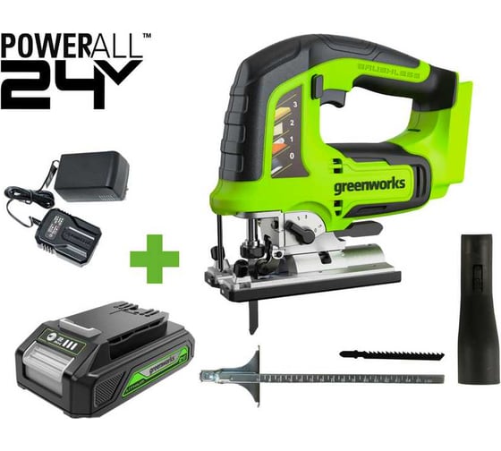 Лобзик GreenWorks GD24JS, б/щет, 100мм, 800-3000/мин, 4-ст.маятник, алюмниевая подошва, LED, 1x2Ач, ЗУ, коробка 3601407VUA, 24 В, 26 мм детальное изображение - 1