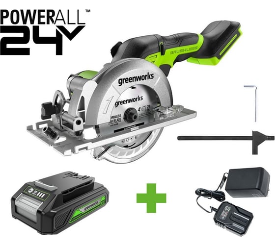 Дисковая мини пила GreenWorks G24MCS, 24V, б/щет, рез 39 мм, 1x2Ач, ЗУ, 1501207VUA, 120 мм, 6500 об/мин, 250 Вт детальное изображение - 1