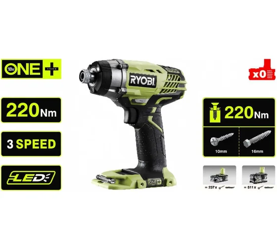 Аккумуляторная дрель-шуруповерт Ryobi ONE+ R18iD3-0 5133002613, 18 В, 220 Нм, 2,5 А·ч  детальное изображение - 5