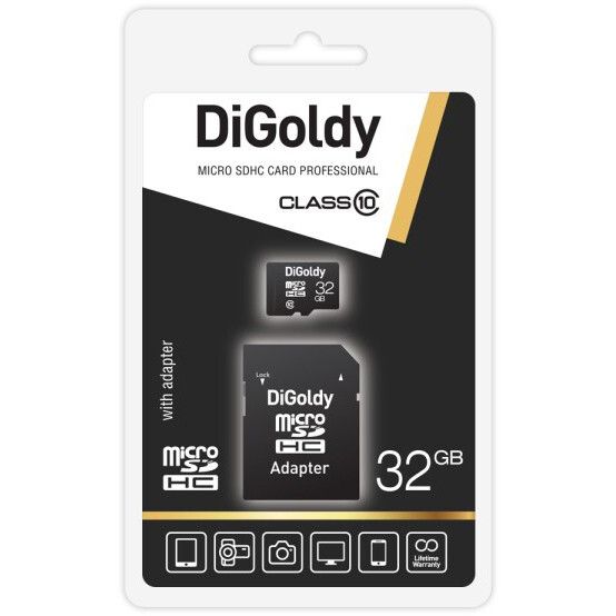 Карта памяти Digoldy MicroSD + SD адаптер (DG032GCSDHC10-AD), 32 Гб детальное изображение - 1