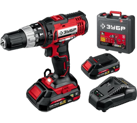 Ударная дрель-шуруповерт ЗУБР, в кейсе ДШУ-185-22, 18 В, 40 Нм, 2 А·ч детальное изображение - 1