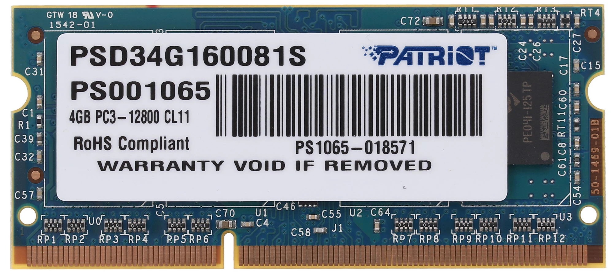 Оперативная память Patriot SO-DIMM DDR-III 1333MHz, PSD34G13332S, 4 Гб детальное изображение - 2