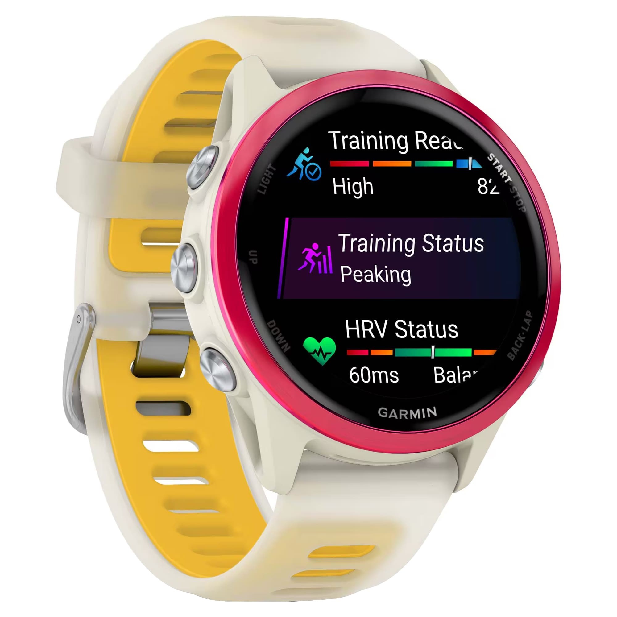 Умные часы Garmin Forerunner 570 42 мм, Слоновая кость, алюминиевый безель малинового цвета, ремешок манго/слоновая кость детальное изображение - 3