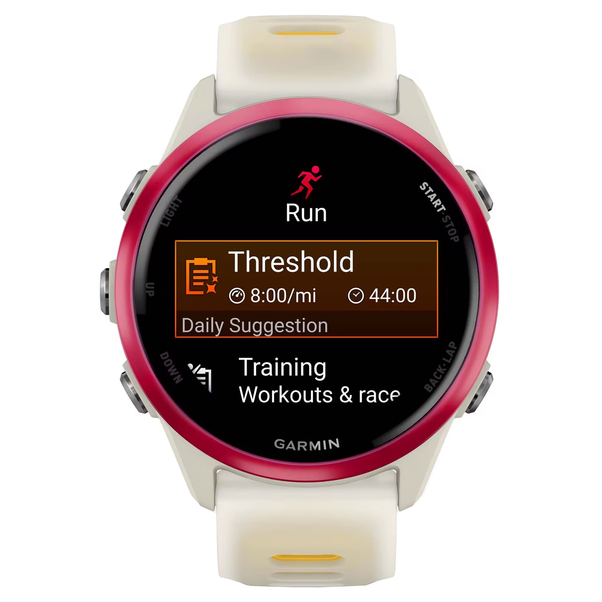 Умные часы Garmin Forerunner 570 42 мм, Слоновая кость, алюминиевый безель малинового цвета, ремешок манго/слоновая кость детальное изображение - 2