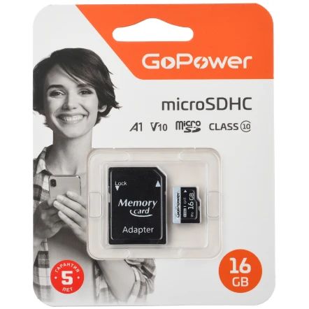 Карта памяти GoPower MicroSD + SD адаптер (00-00025674), 16 Гб детальное изображение - 1