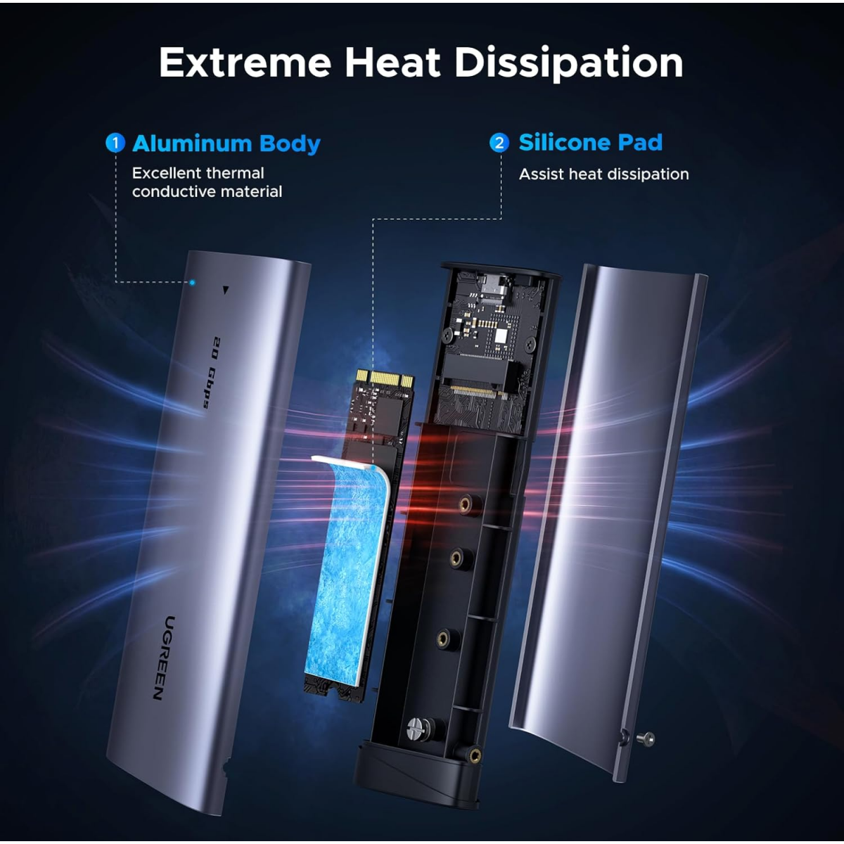 Внешний корпус для SSD M.2 UGREEN NVMe/SATA SSD Enclosure 20 Гбит/с (CM767), Темно-серый детальное изображение - 4