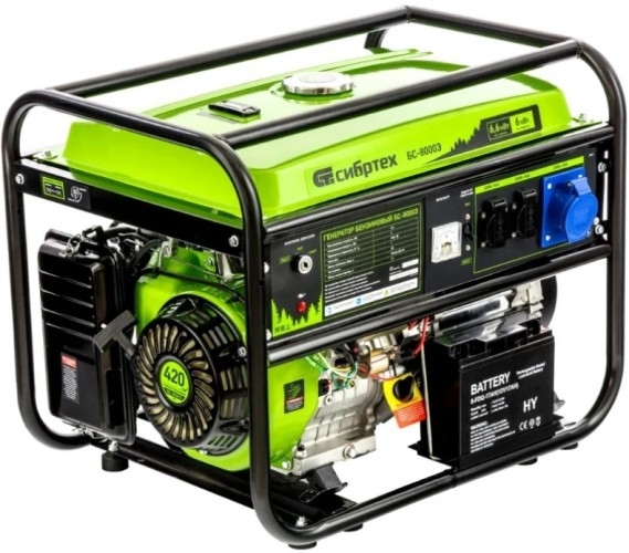 Генератор бензиновый СИБРТЕХ БС-8000Э 94549, 6 кВт, Зеленый детальное изображение - 1