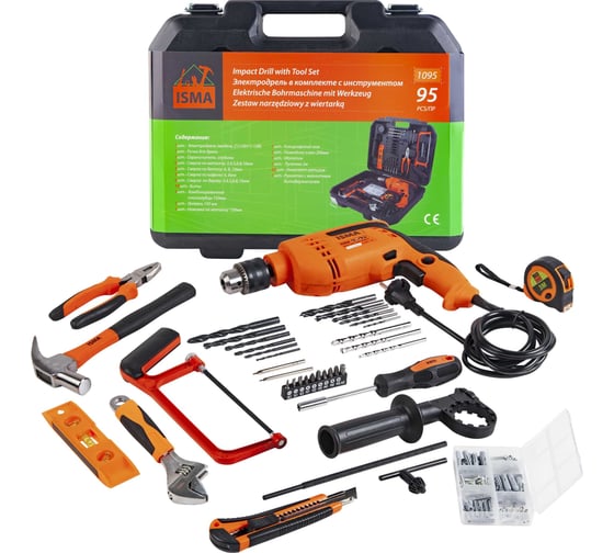 Набор инструментов с электрической дрелью ISMA 95 предметов, в кейсе ISMA-1095, 750 Вт детальное изображение - 1