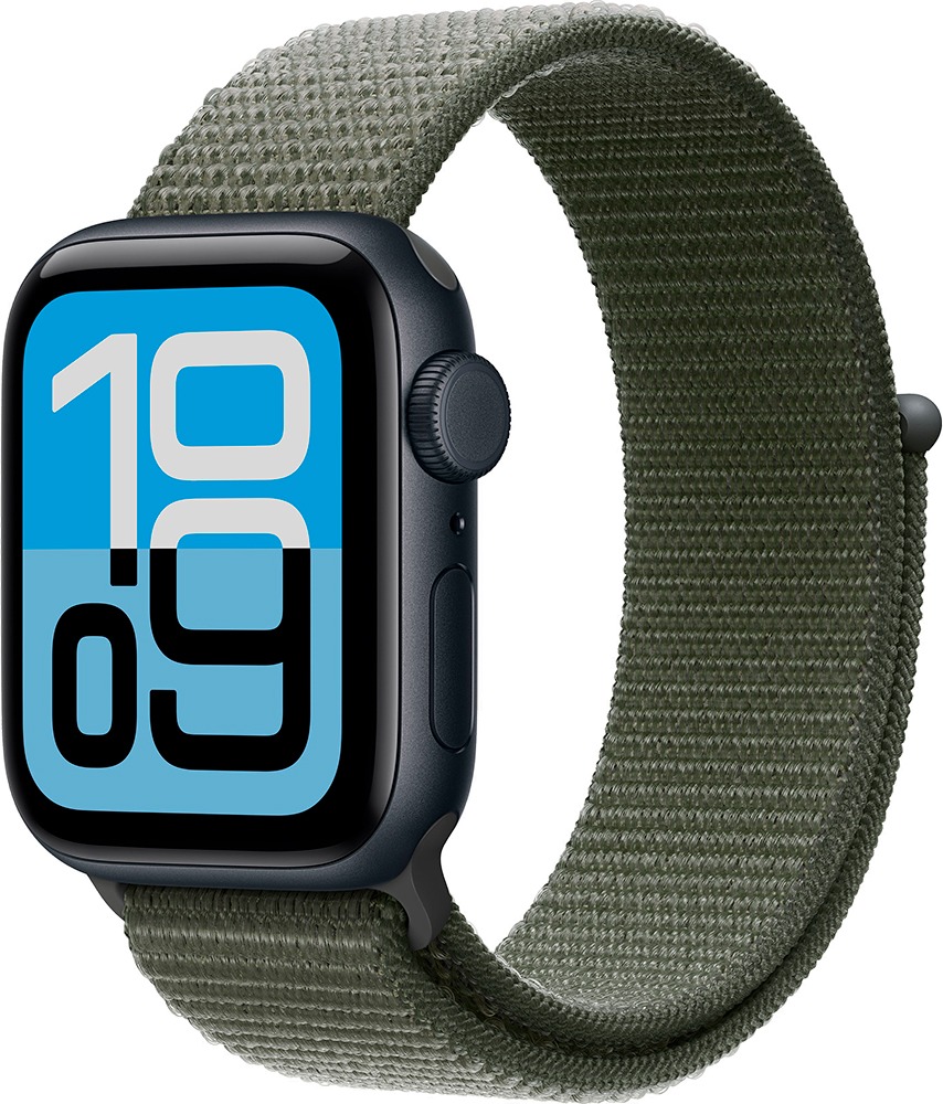 Умные часы Apple Watch SE 3 44 мм, GPS, Midnight Aluminium Case with Forest Sport Loop, Полуночный черный/Зеленый детальное изображение - 1