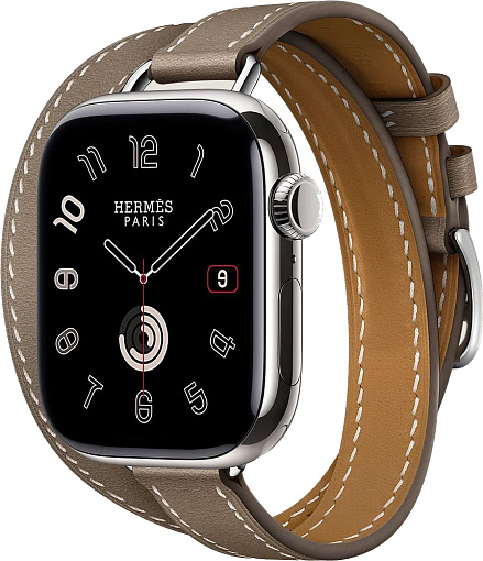 Смарт-часы Apple Watch Hermes Series 10 46 мм, Silver Titanium Case with Attelage Double Tour Etoupe, Серебристый/Cветло-коричневый детальное изображение - 1