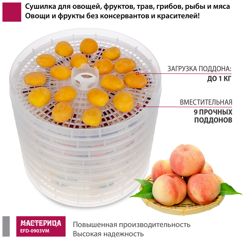 Сушилка для овощей и фруктов Мастерица EFD-0903VM, 280 Вт, Прозрачный детальное изображение - 2