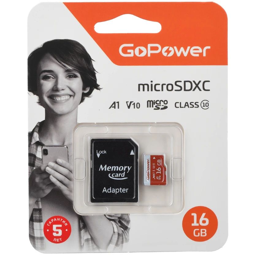 Карта памяти GoPower MicroSD + SD адаптер (00-00025678), 16 Гб детальное изображение - 1