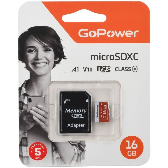 Карта памяти GoPower MicroSD + SD адаптер (00-00025678), 16 Гб №1