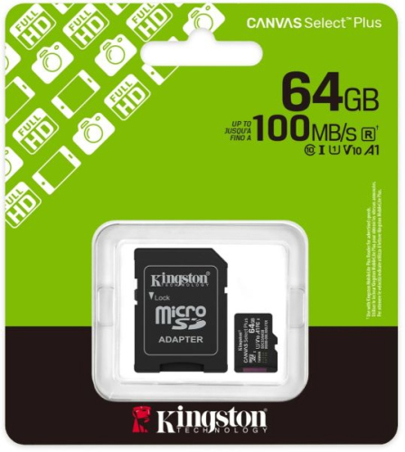 Карта памяти Micro SD Kingston Canvas Select Plus (SDCS3/64GB) + SD адаптер, 64 Гб детальное изображение - 1