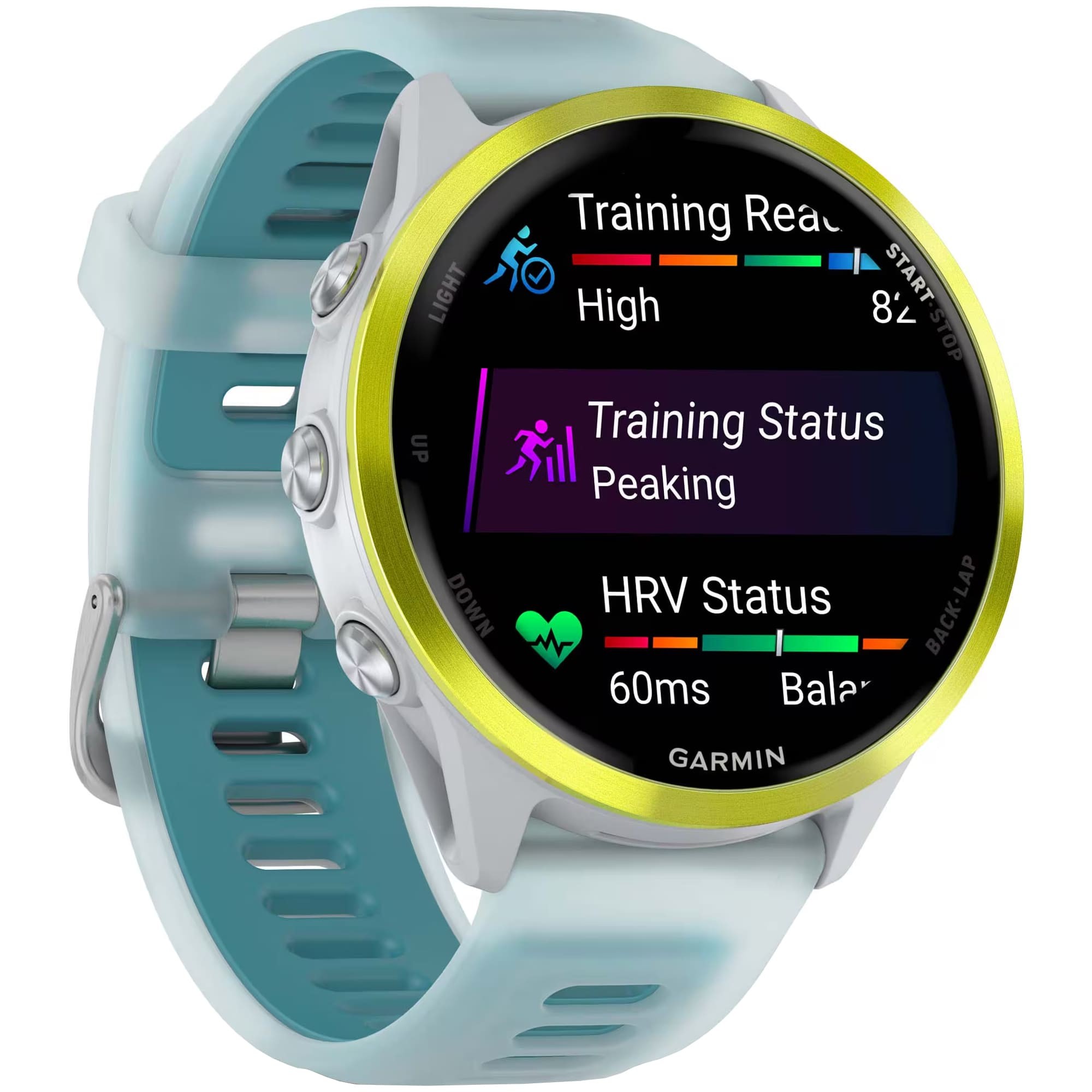 Умные часы Garmin Forerunner 570 47 мм, Светло-серый, алюминиевый безель ярко-желтого цвета, бирюзовый ремешок детальное изображение - 3