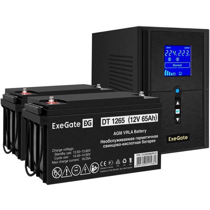 ИБП ExeGate SineTower SZ-1000.LCD.AVR.2SH.1C13.USB + 2x DT 1265 (65Ач) №1