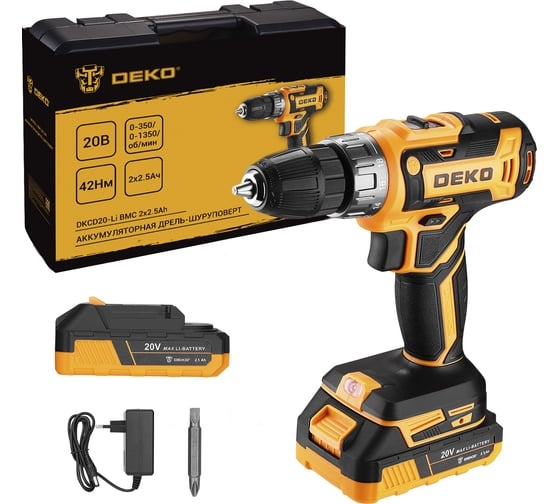 Аккумуляторная дрель-шуруповерт DEKO DKCD20-Li, 20 В, 42 Нм, 2.5 А·ч, 085-1123 детальное изображение - 1