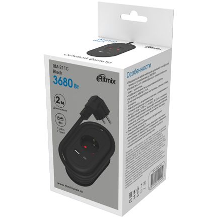Сетевой фильтр Ritmix RM-211C, 2 м, Черный детальное изображение - 3