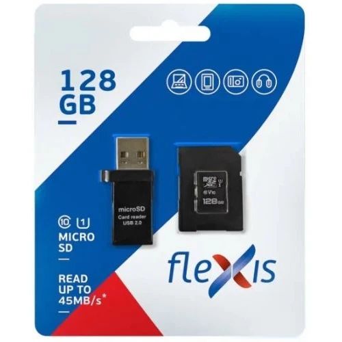 Карта памяти Flexis MicroSD + SD адаптер + кардридер (FX128GMSDXCU1), 128 Гб детальное изображение - 1