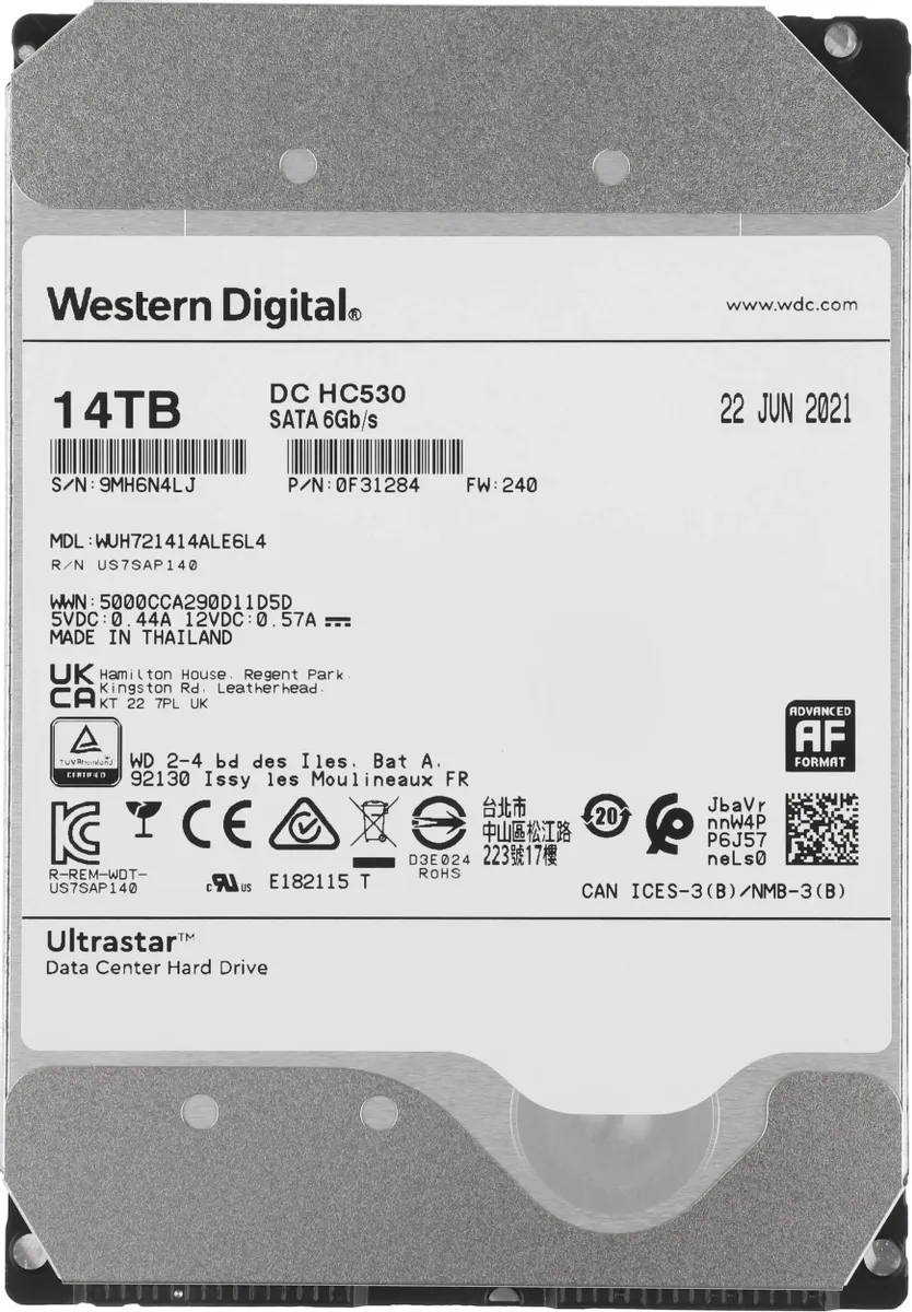 Жёсткий диск WD Ultrastar DC HC530 0F31284/0F31169, SATA-III, 7200 об/мин, 14 ТБ детальное изображение - 1