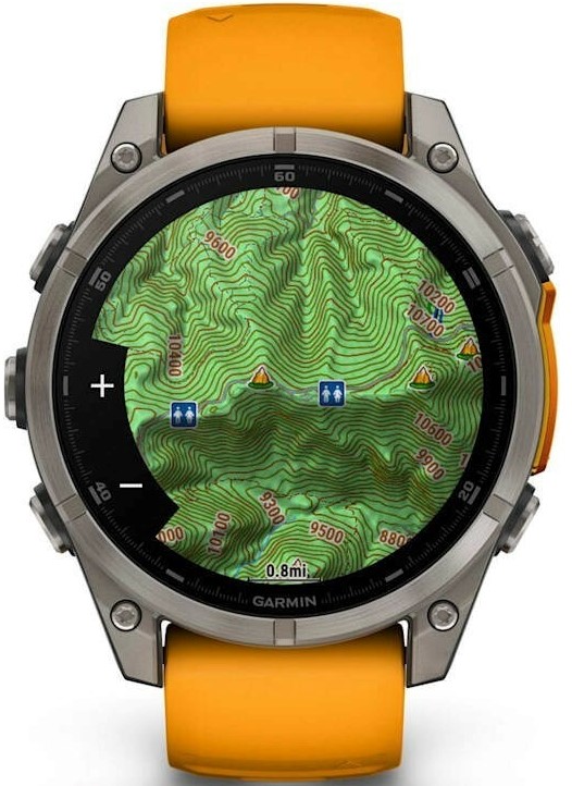 Смарт-часы Garmin Fenix 8 AMOLED Sapphire DLC, 47 мм Титановый светло-серый корпус, оранжевый силиконовый ремешок детальное изображение - 4