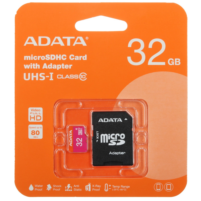 Карта памяти ADATA MicroSD + SD адаптер (AUSDH32GUICL10-RA1), 32 Гб №1