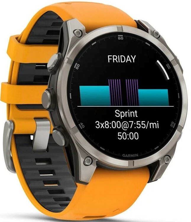 Смарт-часы Garmin Fenix 8 AMOLED Sapphire DLC, 47 мм Титановый светло-серый корпус, оранжевый силиконовый ремешок детальное изображение - 2
