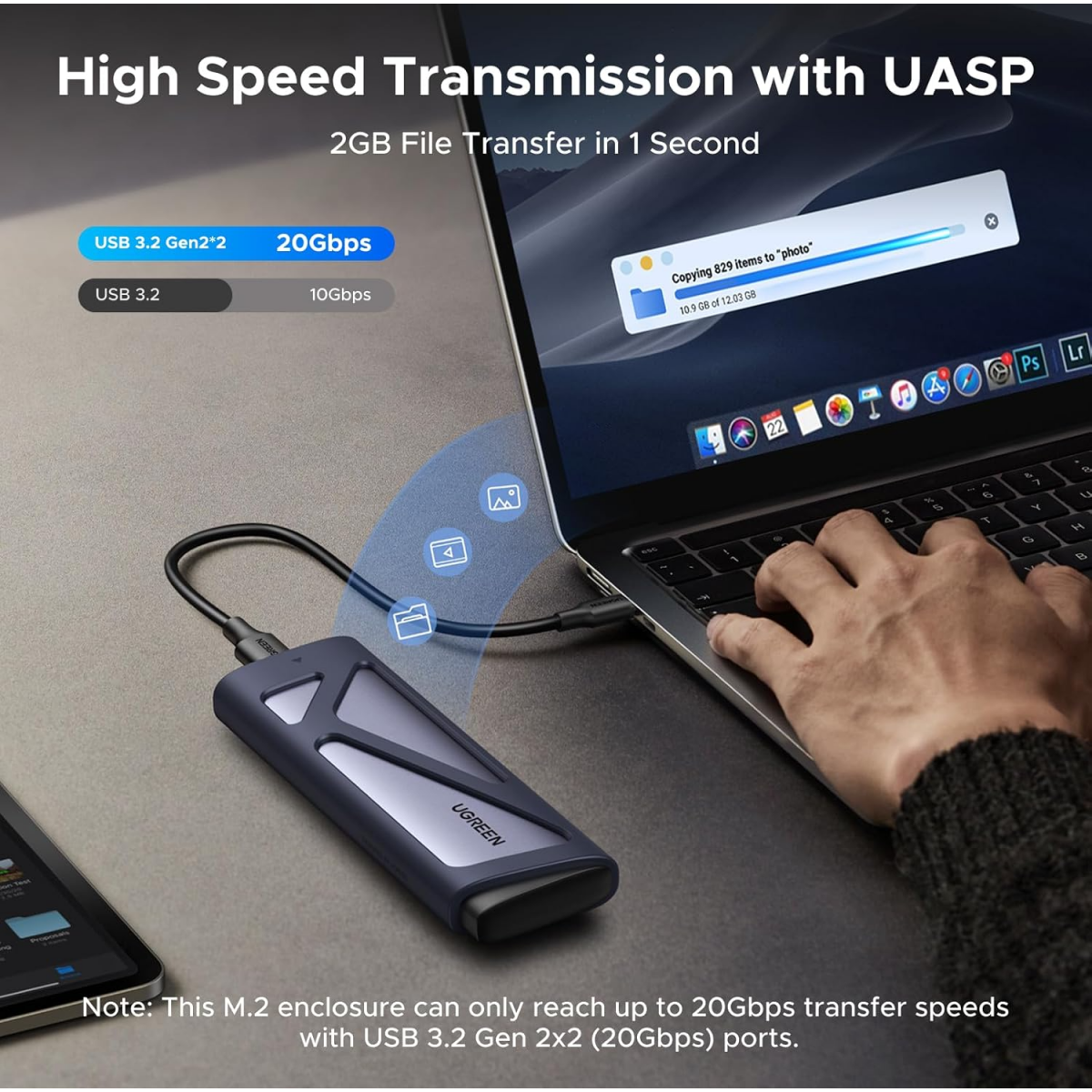 Внешний корпус для SSD M.2 UGREEN NVMe/SATA SSD Enclosure 20 Гбит/с (CM767), Темно-серый детальное изображение - 6