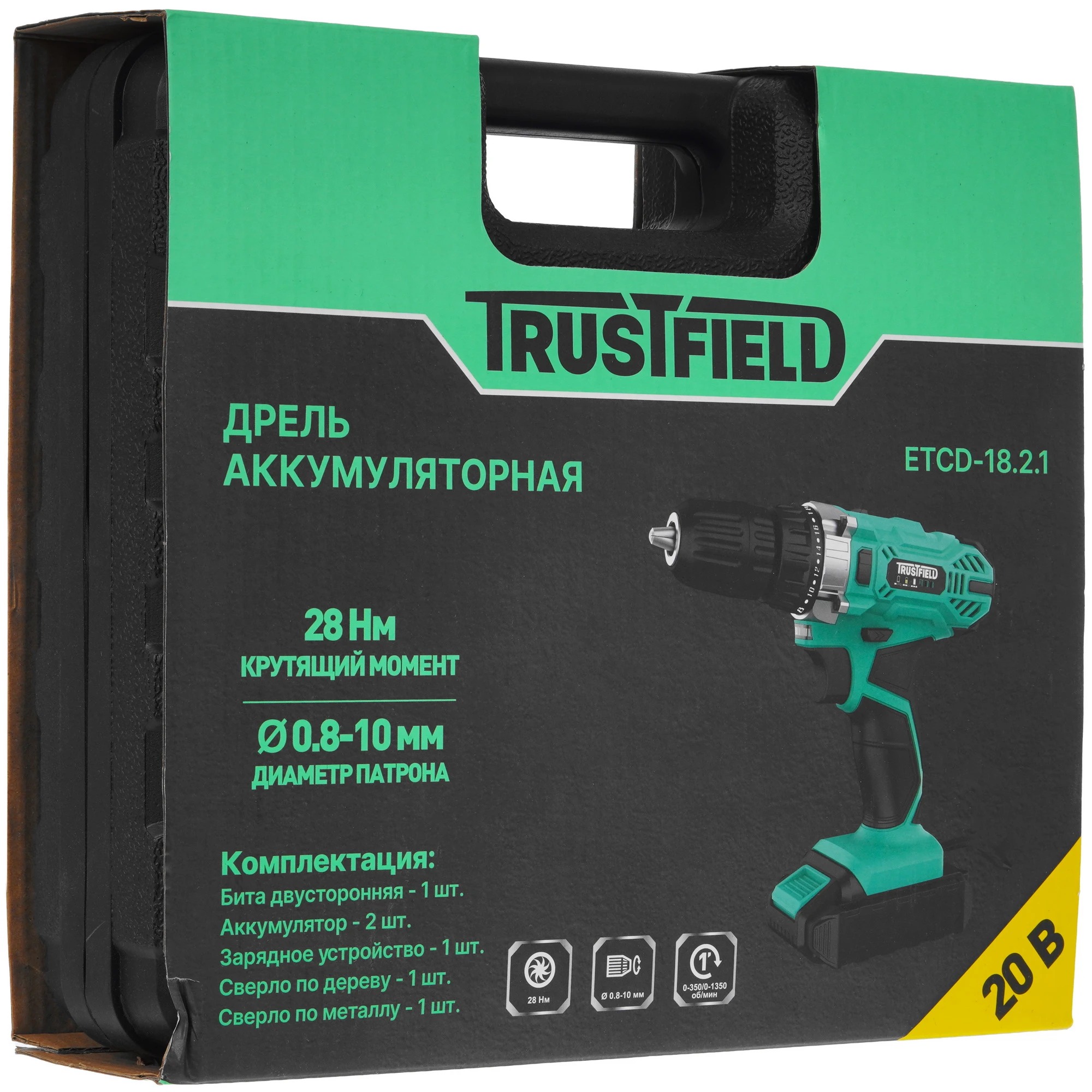 Дрель аккумуляторная TRUSTFIELD, БЗП 10мм, 2 ск., 0-350/0-1350об/мин,ЗУ ETCD-18.2.1, 20 В, 28 Нм, 1,5 А·ч детальное изображение - 5