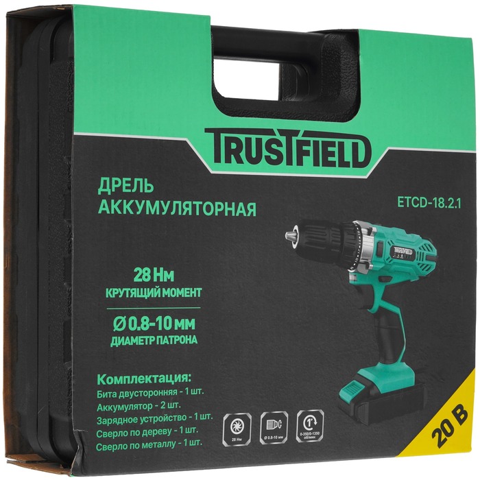 Дрель аккумуляторная TRUSTFIELD, БЗП 10мм, 2 ск., 0-350/0-1350об/мин,ЗУ ETCD-18.2.1, 20 В, 28 Нм, 1,5 А·ч №5