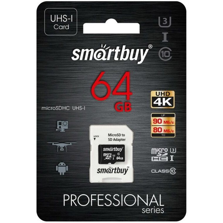 Карта памяти SmartBuy Professional MicroSD + SD адаптер (SB64GBSDCL10U3-01), 64 Гб детальное изображение - 1