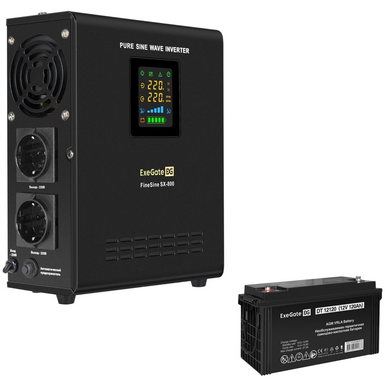 ИБП ExeGate FineSine SX-800.LCD.AVR.2SH + DT 12100 (100Ач) детальное изображение - 1
