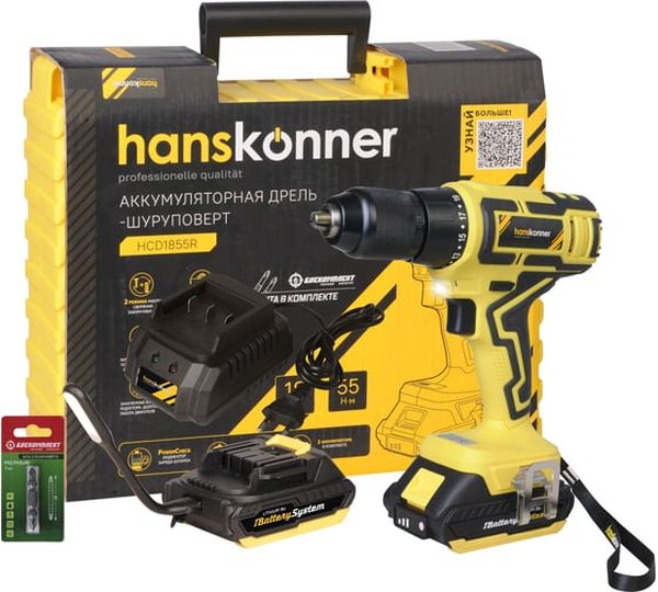 Аккумуляторная дрель-шуруповерт Hanskonner HCD1855R, 18 В, 55 Нм, 2,4 А·ч  детальное изображение - 1