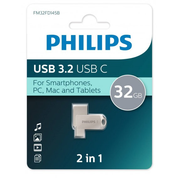 USB Flash накопитель Philips 2-in-1 (FM32FD145B) 32 ГБ, серебряный детальное изображение - 1