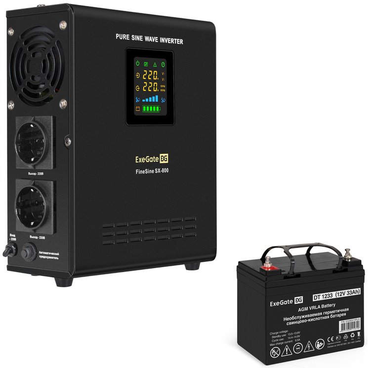 ИБП ExeGate FineSine SX-800.LCD.AVR.2SH + DT 1233 (33Ач) + батарея детальное изображение - 1