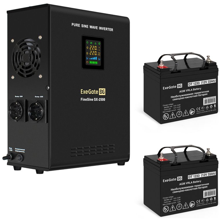 ИБП ExeGate FineSine SX-2500.LCD.AVR.2SH + 2x DT 1233 (33Ач) + батарея детальное изображение - 1