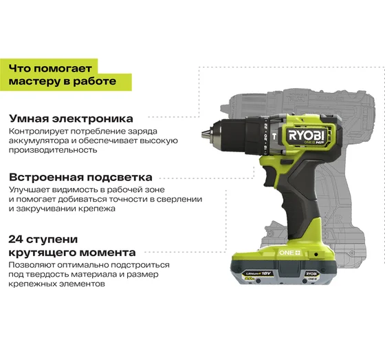 Аккумуляторная дрель-шуруповерт Ryobi ONE+ RPD18C-220S 5133004982, 18 В, 54 Нм, 2 А·ч  детальное изображение - 4