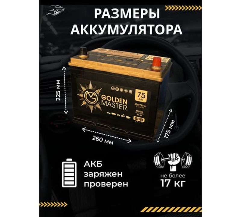 Аккумулятор GOLDEN MASTER EFB ASIA 6СТ-75 (R)-(0), Обратная Полярность, 75 А·ч детальное изображение - 7