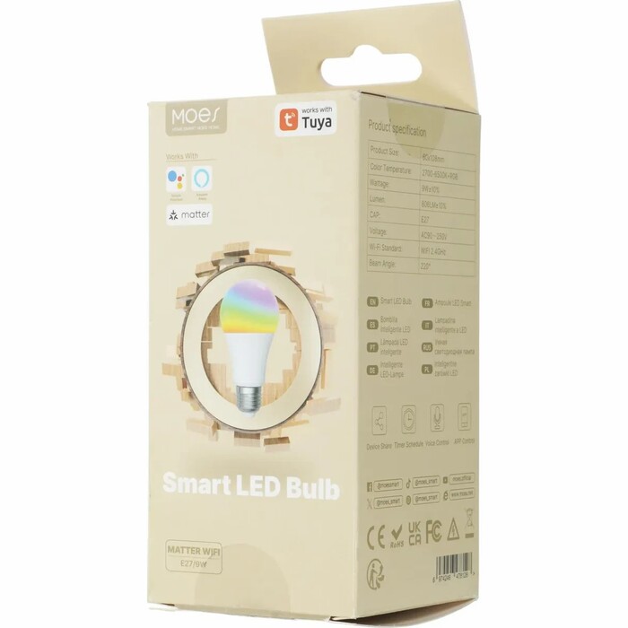 Умная лампочка Moes Matter WiFi LED Bulb E27, 9 Вт, 806 Лм, Белый №5