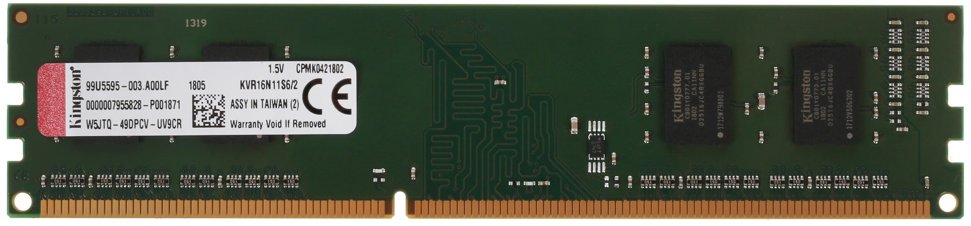 Оперативная память Kingston DDR-III 1600MHz, KVR16N11S6/2, 2 Гб детальное изображение - 1
