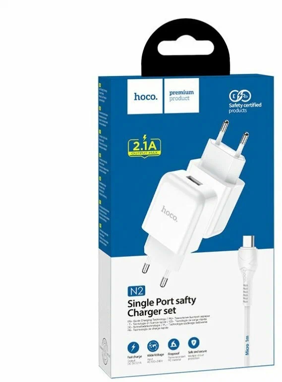 Сетевое зарядное устройство HOCO N2 + кабель MicroUSB, 1м белый детальное изображение - 4