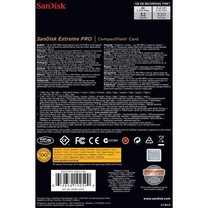 Карта памяти SanDisk Compact Flash Extreme Pro (SDCFXPS-128G-X46), 128 Гб №2