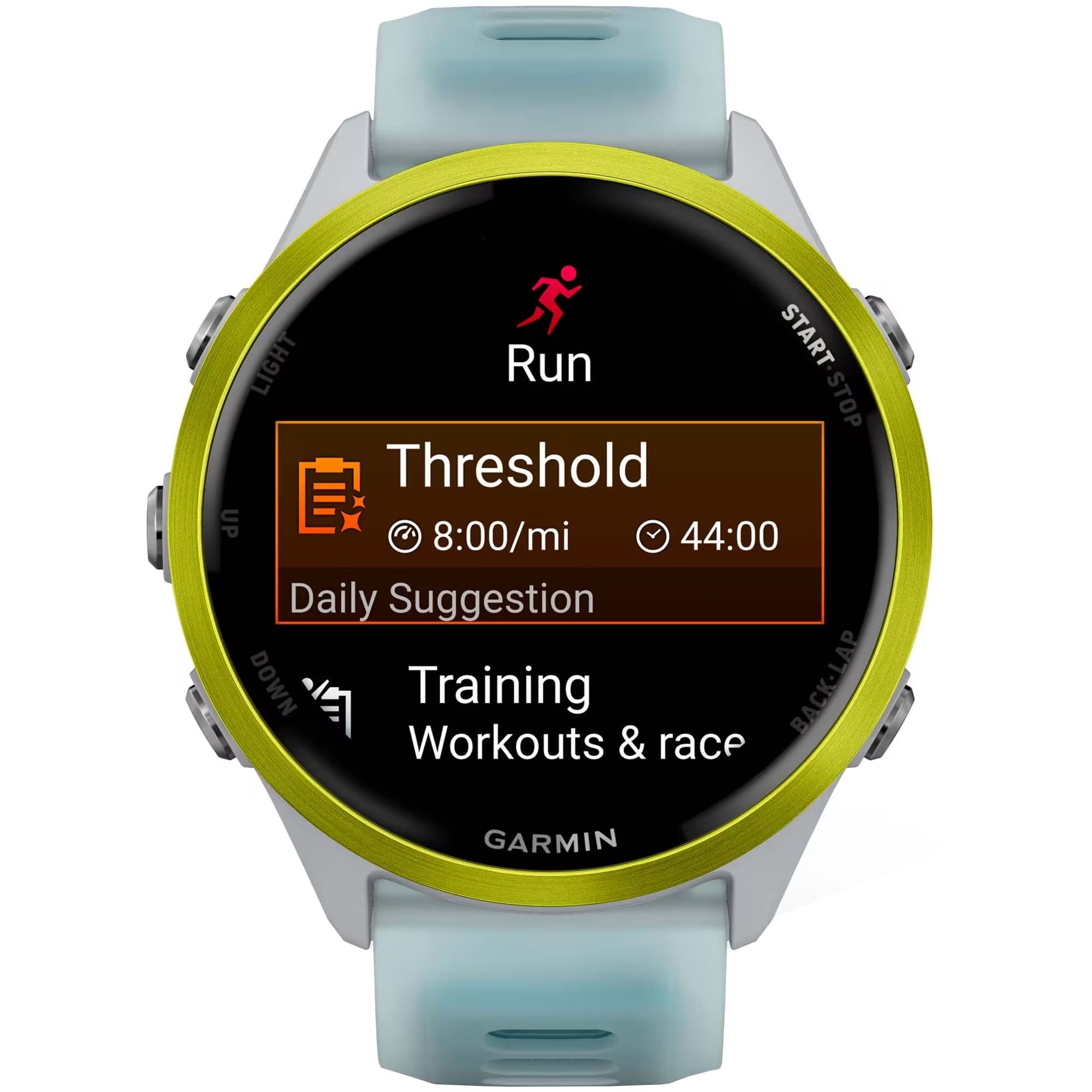 Умные часы Garmin Forerunner 570 47 мм, Светло-серый, алюминиевый безель ярко-желтого цвета, бирюзовый ремешок детальное изображение - 2