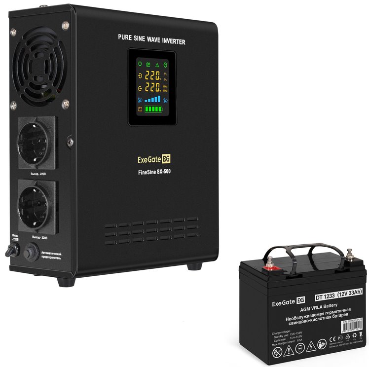 ИБП ExeGate FineSine SX-500.LCD.AVR.2SH + DT 1233 (33Ач) + батарея детальное изображение - 1