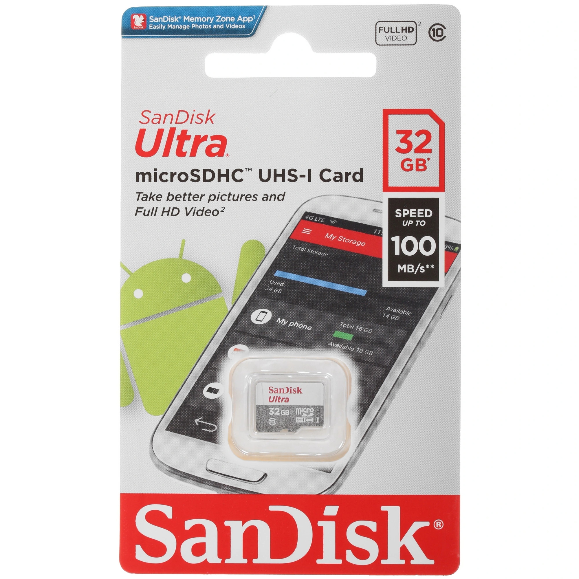 Карта памяти SanDisk Ultra MicroSD (SDSQUNR-032G-GN3MN), 32 Гб детальное изображение - 1